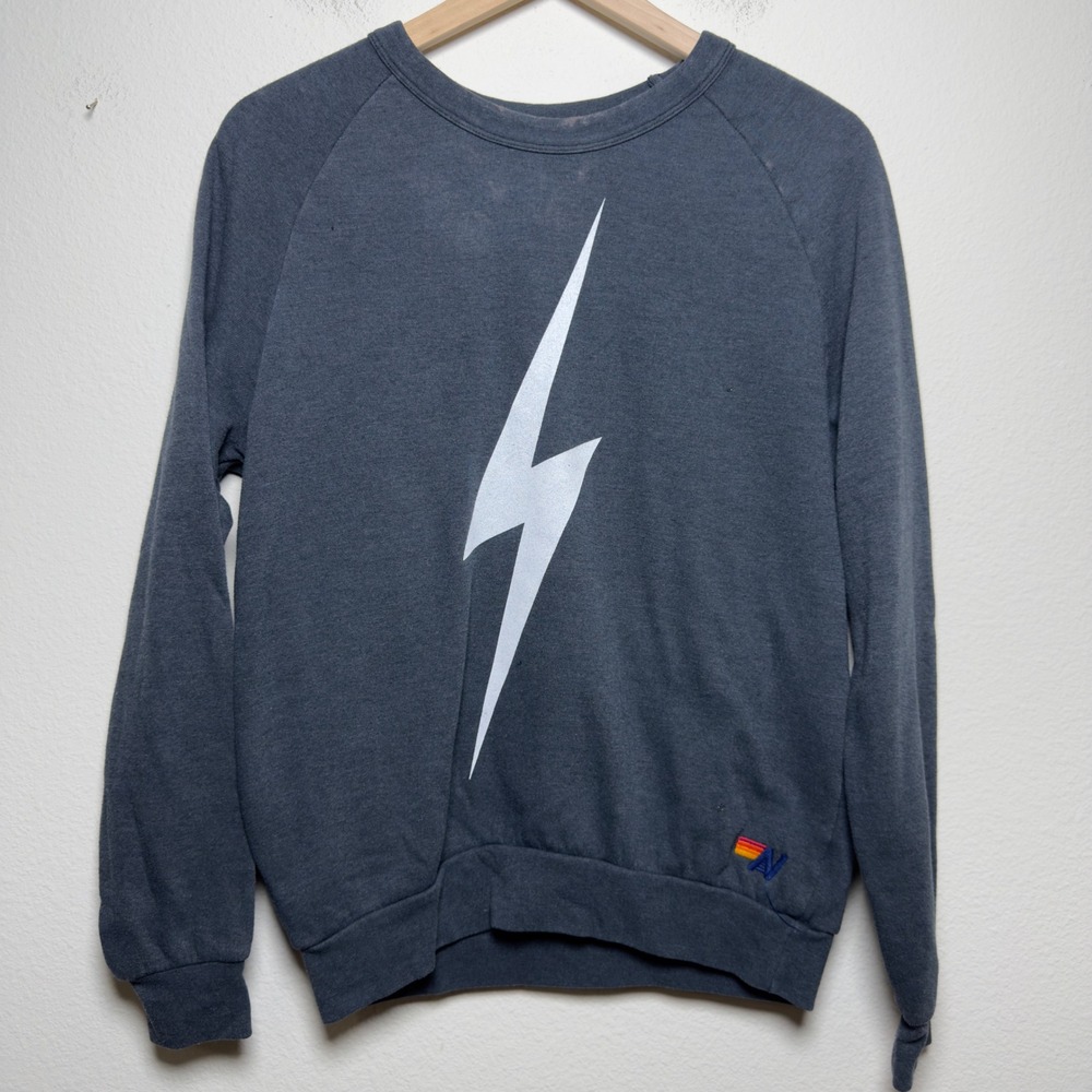 Aviator Nation Women Cotton Sweatshirt Small Blue Lightning Bolt Raglan Retro